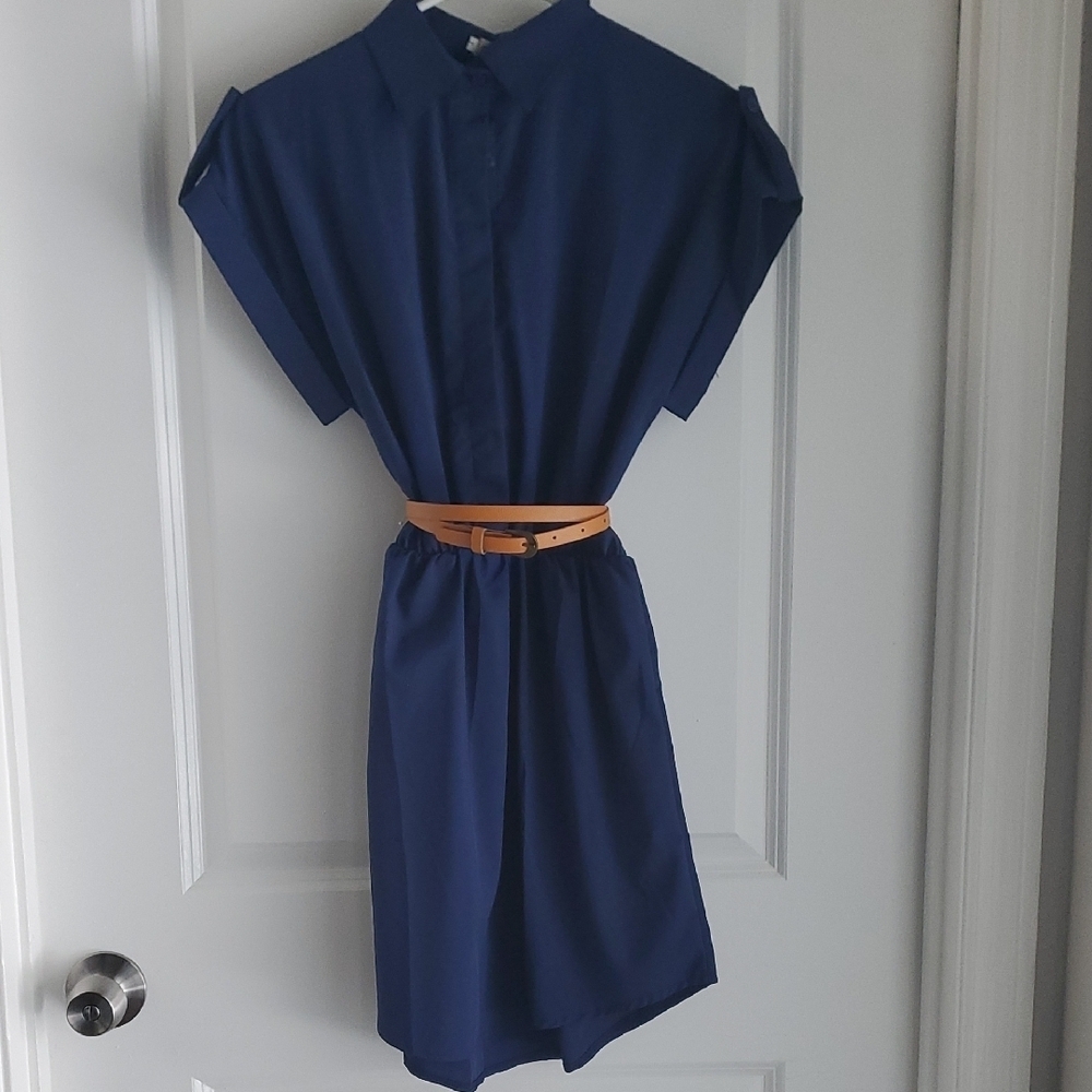 Elegant Blue Midi Dress with Tan Belt